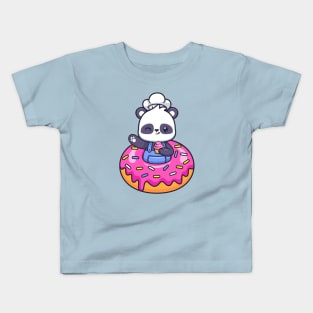 Cute Chef Panda With Donut Holding Cake Cartoon Kids T-Shirt